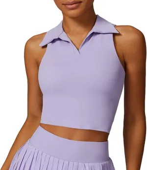 Hotfiary Women Workout Crop Top Athletic Tank Tops Tennis Golf Sleeveless Collar Vest Shirt Padded Sport Bra Quick Dry