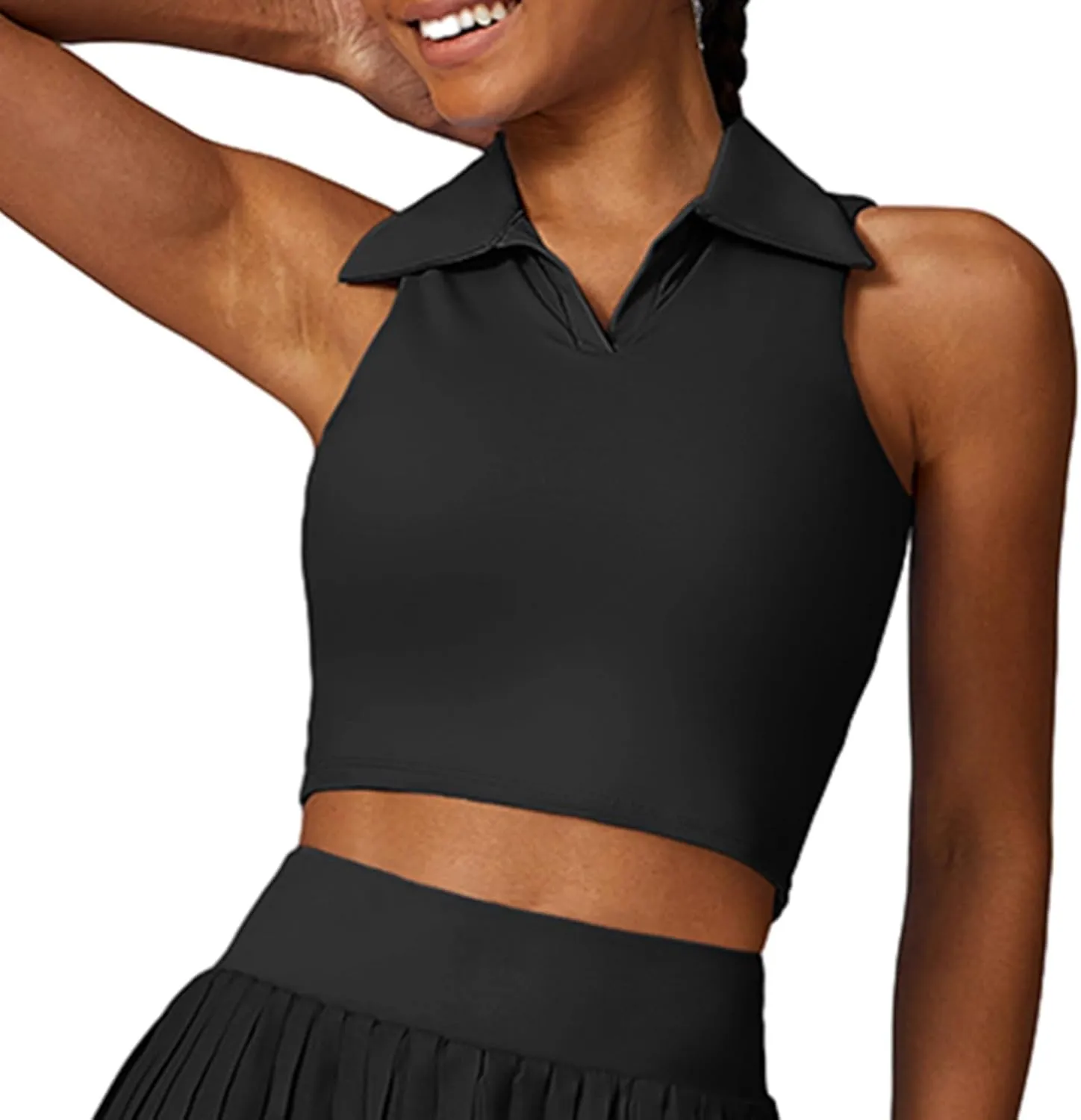 Hotfiary Women Workout Crop Top Athletic Tank Tops Tennis Golf Sleeveless Collar Vest Shirt Padded Sport Bra Quick Dry