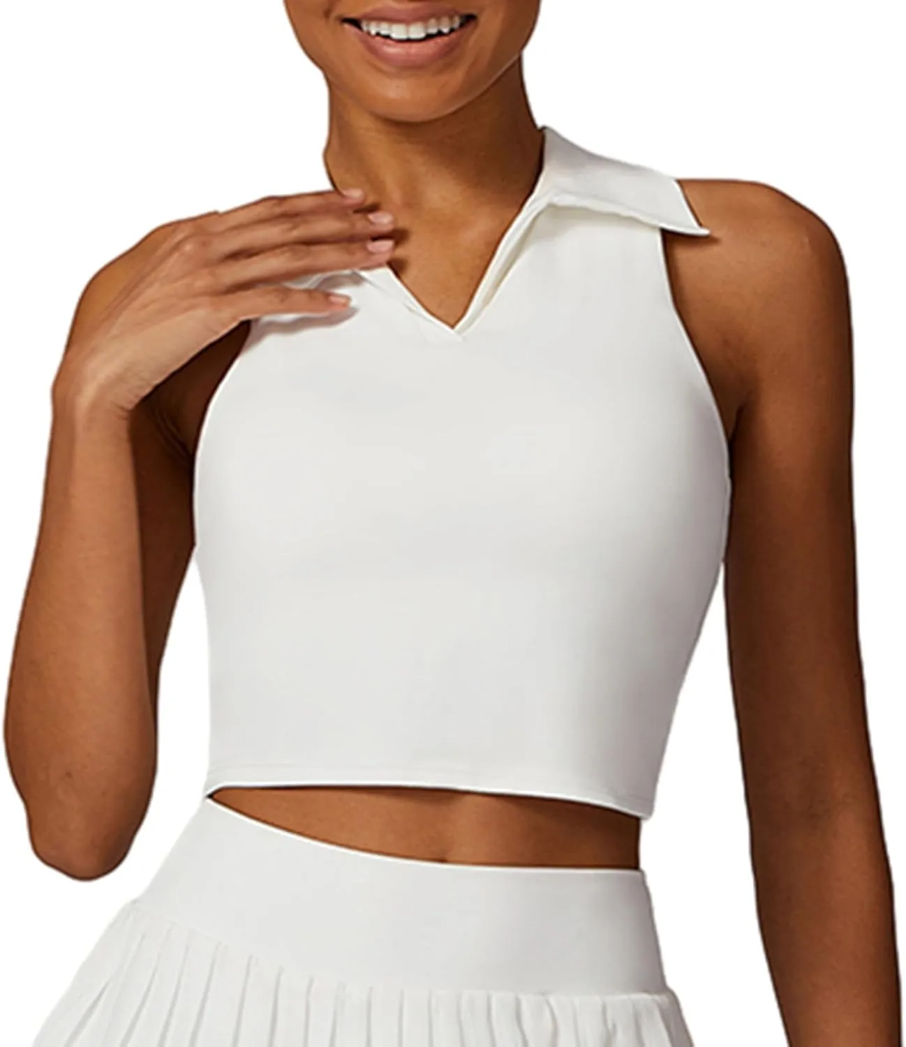 Hotfiary Women Workout Crop Top Athletic Tank Tops Tennis Golf Sleeveless Collar Vest Shirt Padded Sport Bra Quick Dry