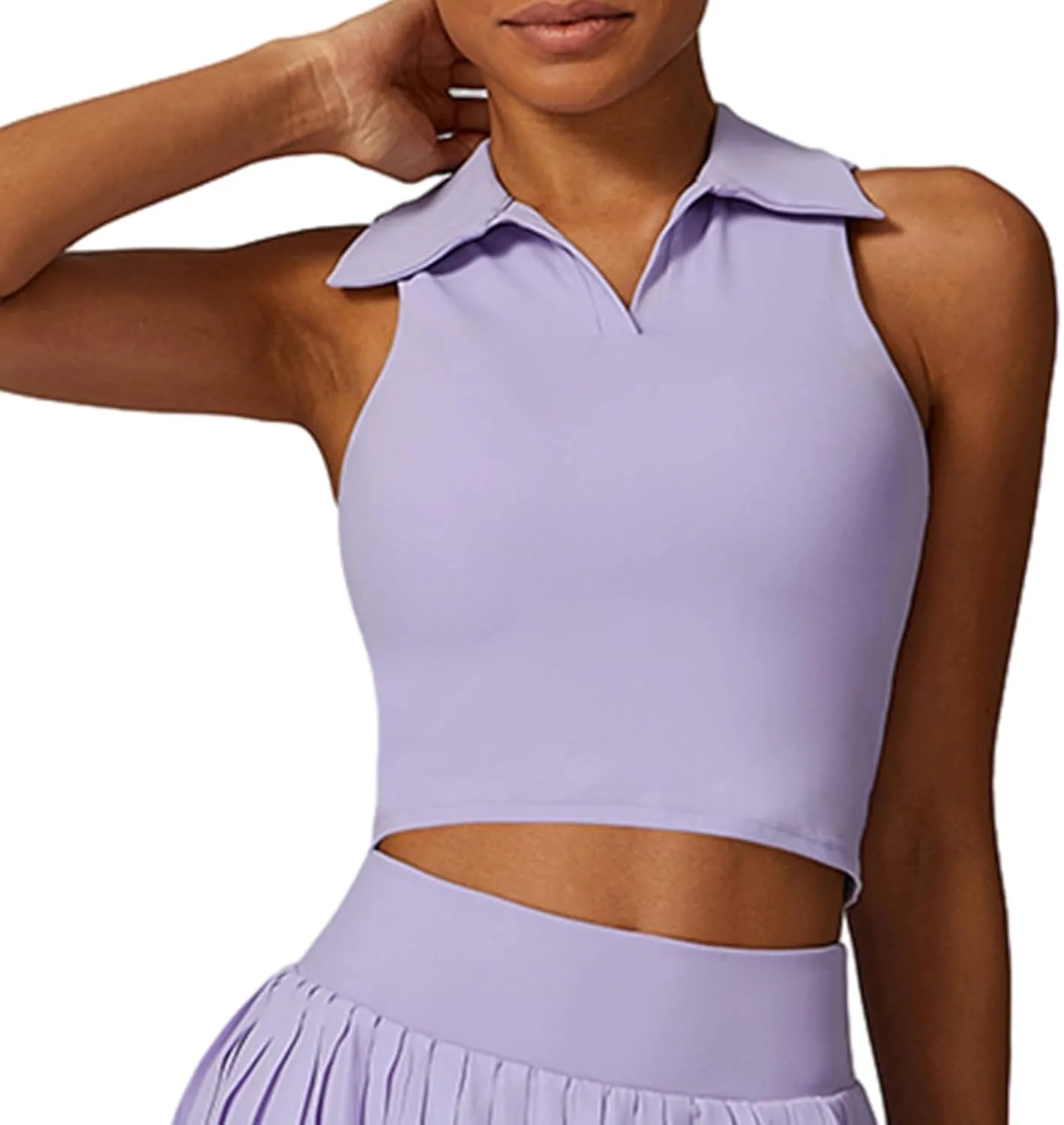 Hotfiary Women Workout Crop Top Athletic Tank Tops Tennis Golf Sleeveless Collar Vest Shirt Padded Sport Bra Quick Dry