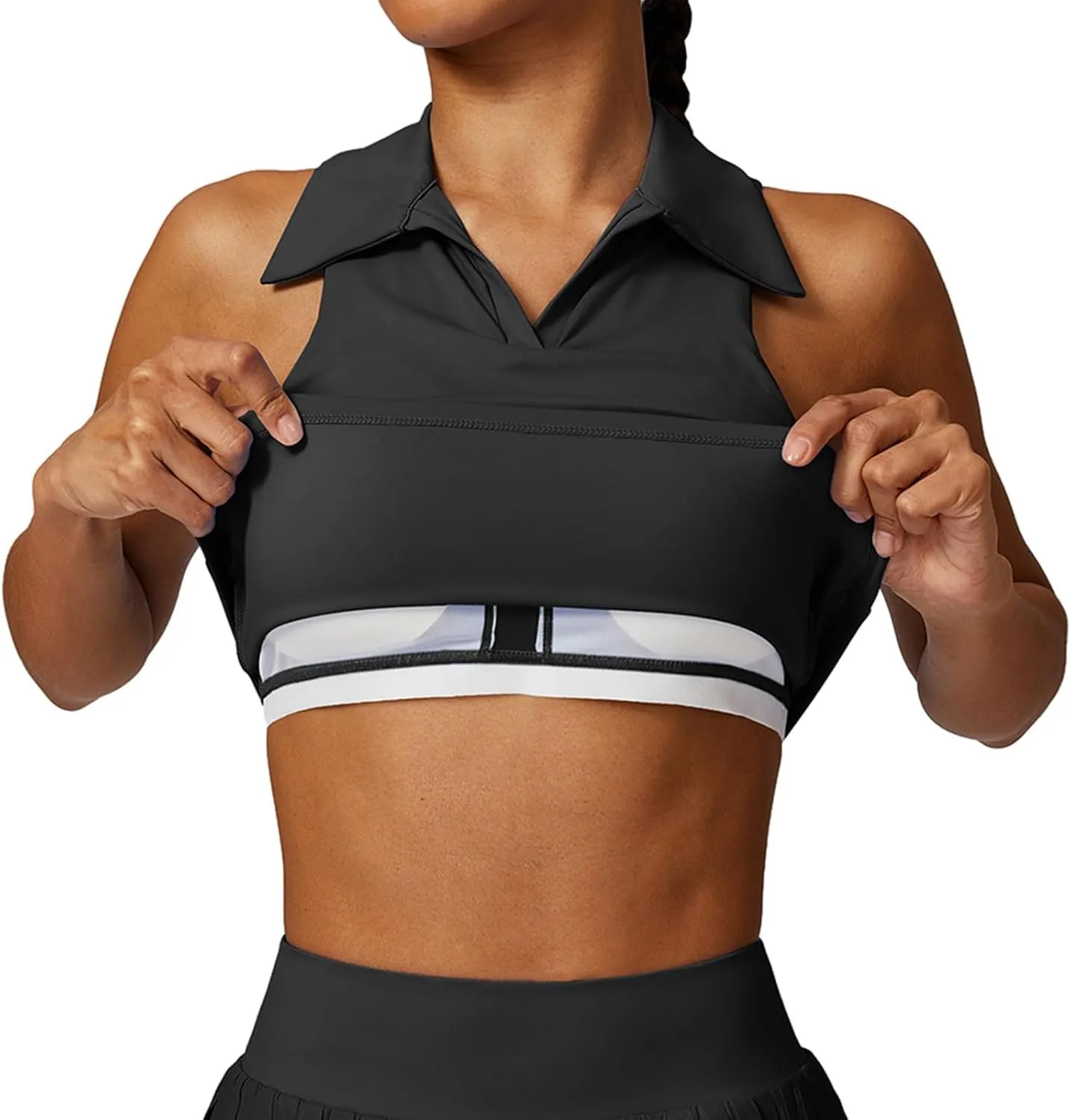 Hotfiary Women Workout Crop Top Athletic Tank Tops Tennis Golf Sleeveless Collar Vest Shirt Padded Sport Bra Quick Dry