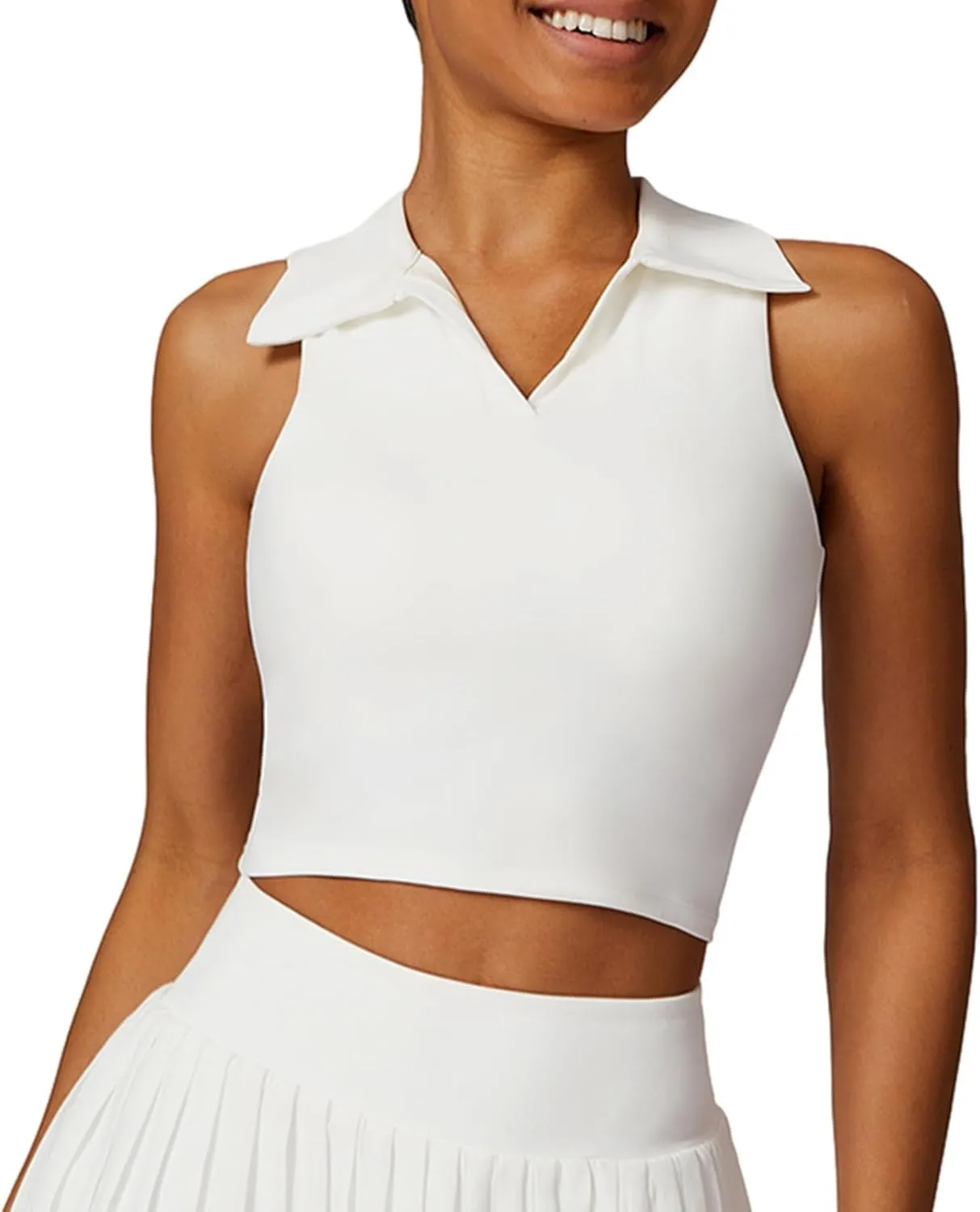 Hotfiary Women Workout Crop Top Athletic Tank Tops Tennis Golf Sleeveless Collar Vest Shirt Padded Sport Bra Quick Dry