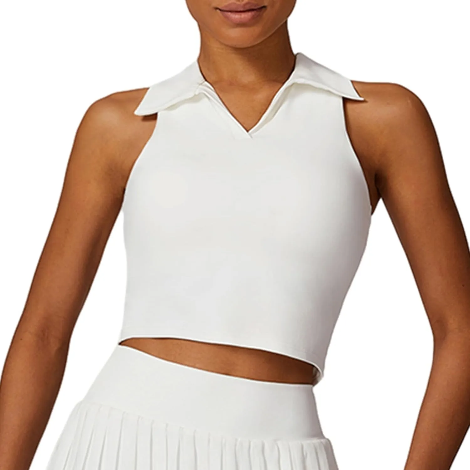 Hotfiary Women Workout Crop Top Athletic Tank Tops Tennis Golf Sleeveless Collar Vest Shirt Padded Sport Bra Quick Dry