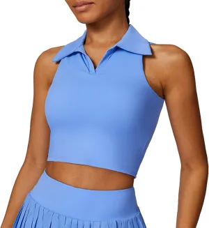 Hotfiary Women Workout Crop Top Athletic Tank Tops Tennis Golf Sleeveless Collar Vest Shirt Padded Sport Bra Quick Dry