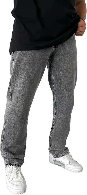 Hulpvktsgiq Men's Baggy Straight Leg Jeans Retro Solid Color Loose Fit Work Denim Pants Big&Tall