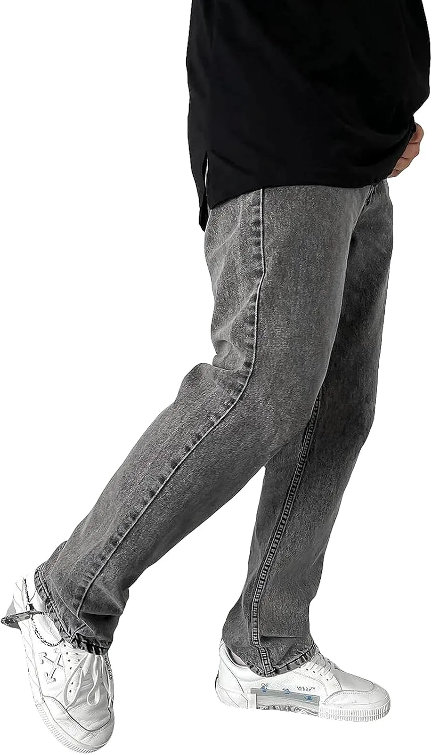 Hulpvktsgiq Men's Baggy Straight Leg Jeans Retro Solid Color Loose Fit Work Denim Pants Big&Tall
