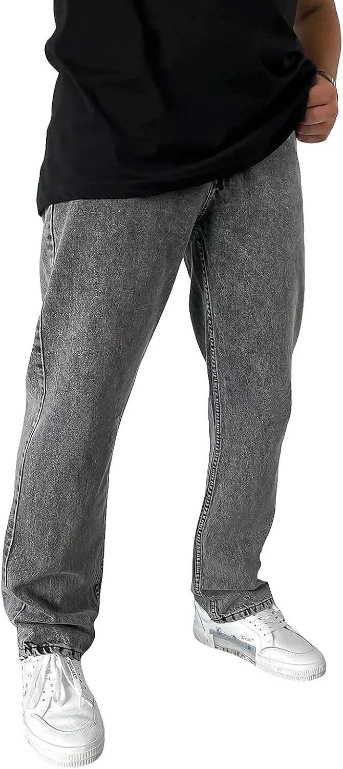 Hulpvktsgiq Men's Baggy Straight Leg Jeans Retro Solid Color Loose Fit Work Denim Pants Big&Tall