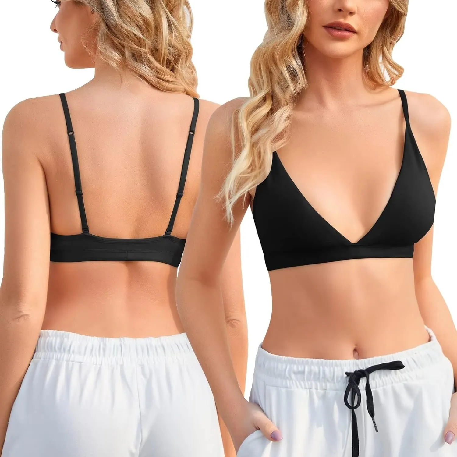 INIBUD Bralette for Women Removable Padded Bra Yoga Seamless V Neck Triangle Adjustable Straps Wireless
