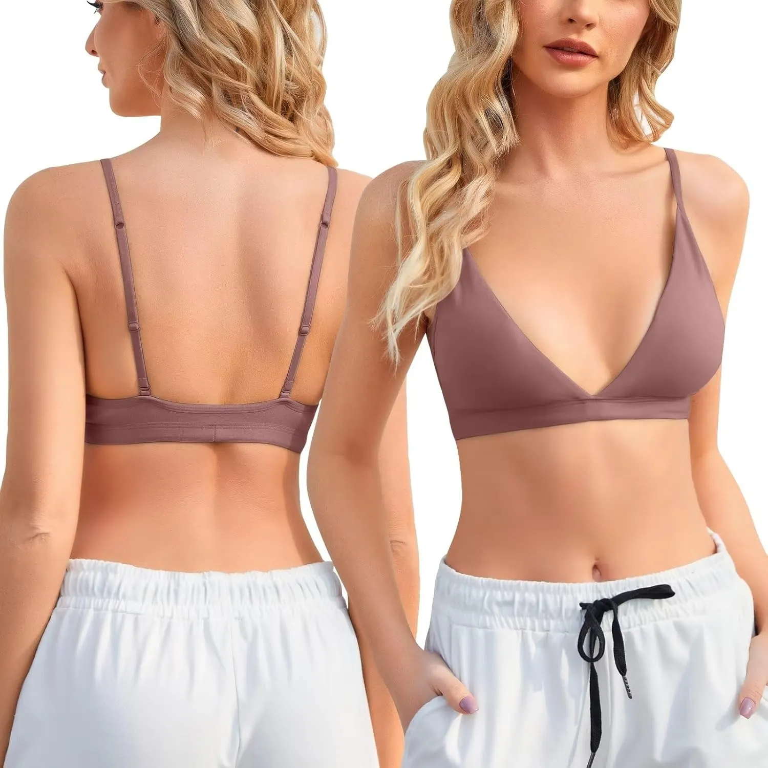 INIBUD Bralette for Women Removable Padded Bra Yoga Seamless V Neck Triangle Adjustable Straps Wireless