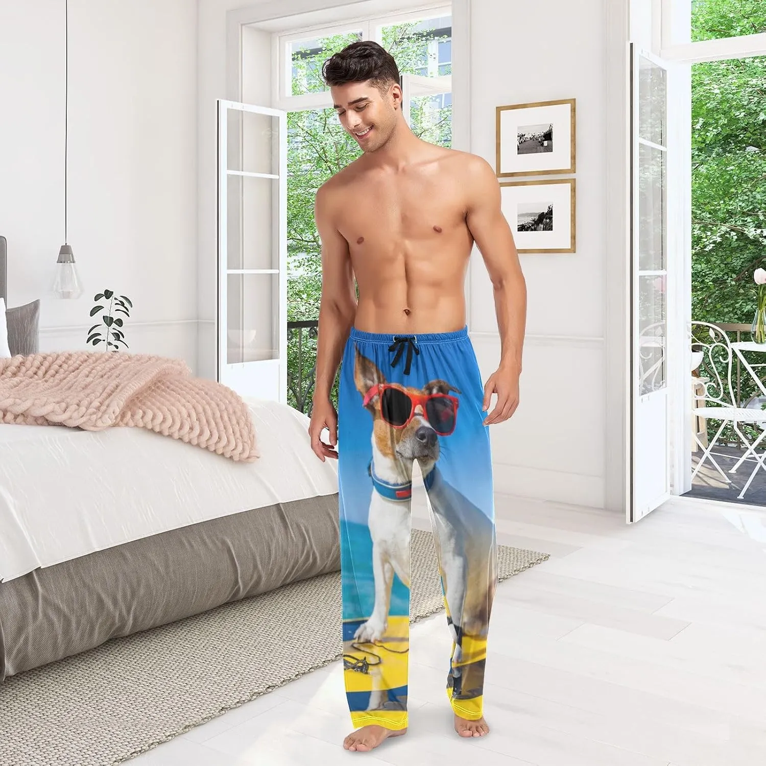 Jack Russell Dog Surfer Blue Ocean Men's Pajama Pants Sleepwear Lounge Pajama Bottoms