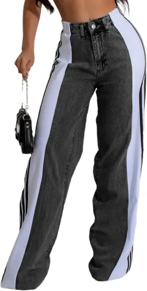 Jeans for Women High Waisted Stretch Stripes Patchwork Loose Fit Wide Leg Denim Pants