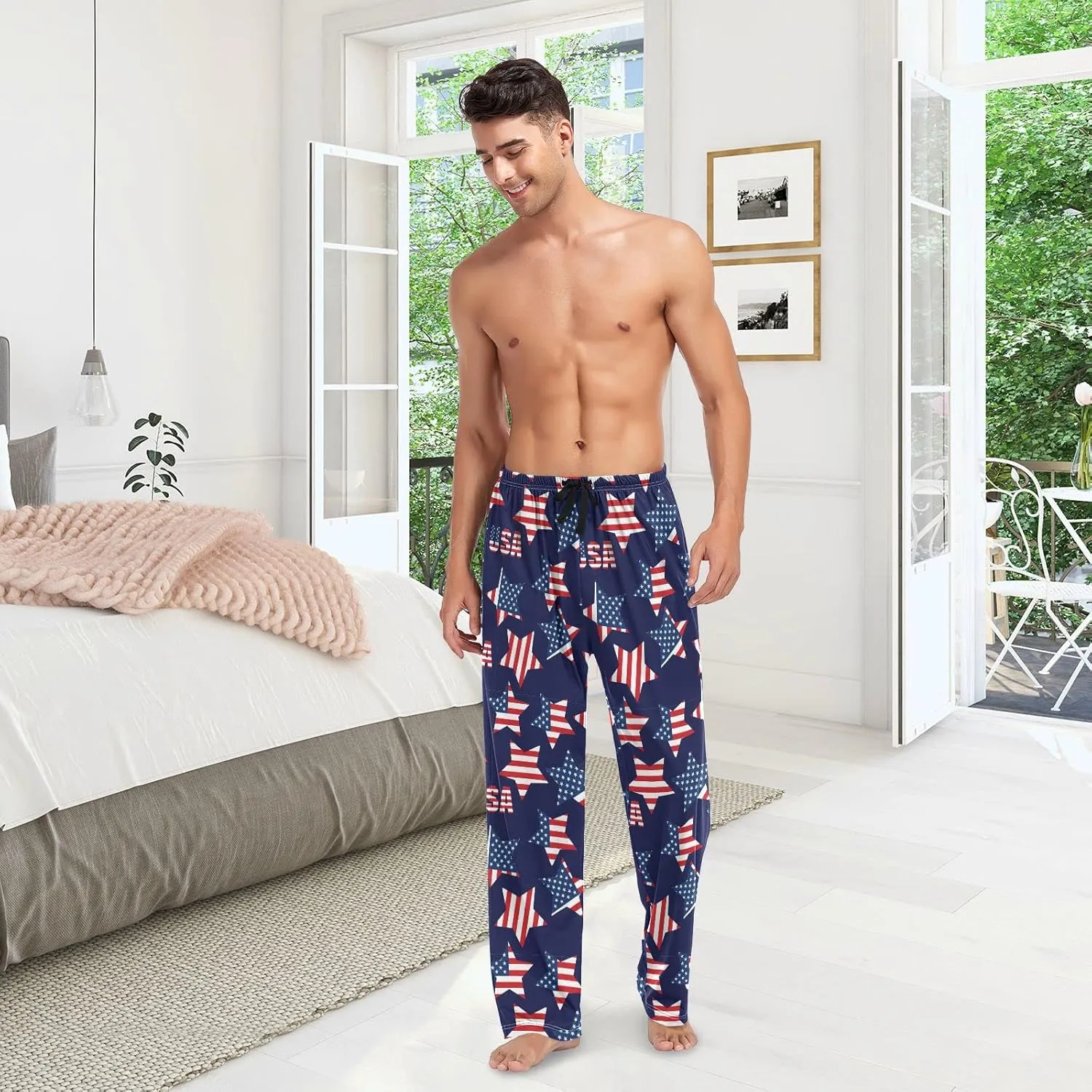 JUNZAN American Flag Stars Mens Pajama Pants Patriotic Funny Pajama Bottoms for Men Lounge Pants S