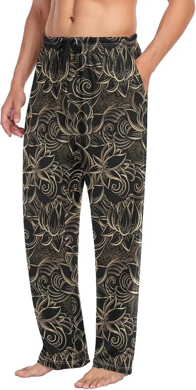 JUNZAN Luxurious Gold Pattern Lotus Flowers Mens Pajama Pants Black and Gold Goth Funny Pajama Bottoms for Men Lounge Pants S