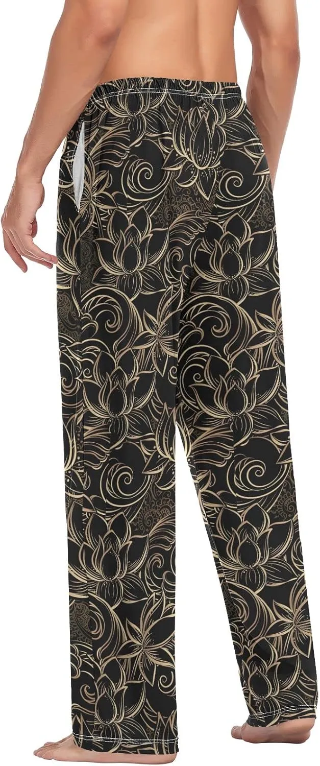 JUNZAN Luxurious Gold Pattern Lotus Flowers Mens Pajama Pants Black and Gold Goth Funny Pajama Bottoms for Men Lounge Pants S