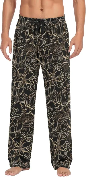 JUNZAN Luxurious Gold Pattern Lotus Flowers Mens Pajama Pants Black and Gold Goth Funny Pajama Bottoms for Men Lounge Pants S