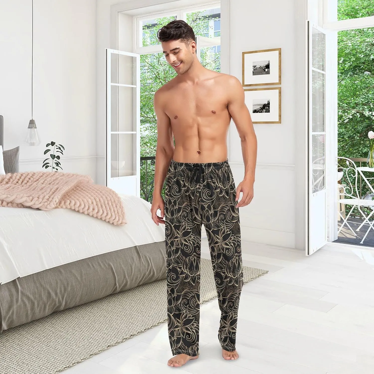 JUNZAN Luxurious Gold Pattern Lotus Flowers Mens Pajama Pants Black and Gold Goth Funny Pajama Bottoms for Men Lounge Pants S