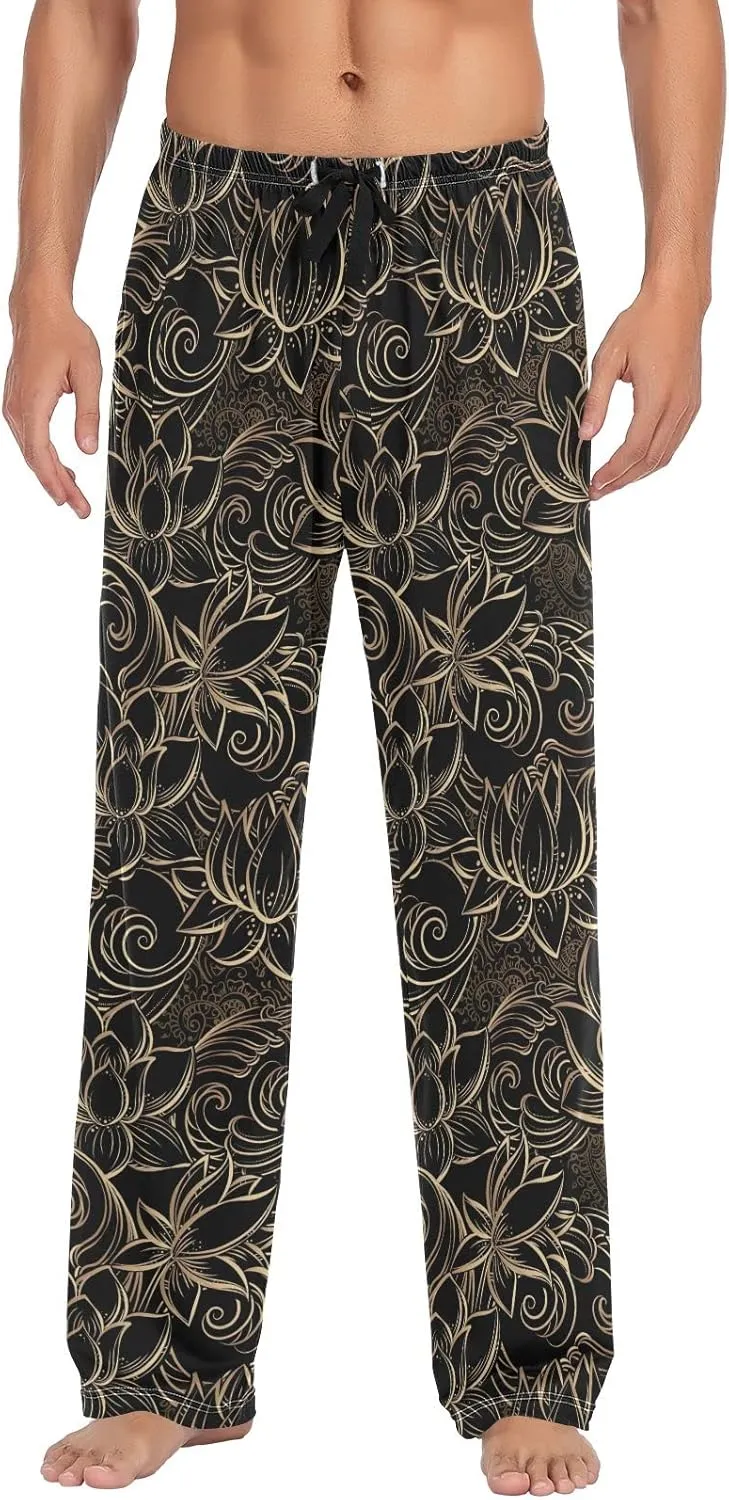 JUNZAN Luxurious Gold Pattern Lotus Flowers Mens Pajama Pants Black and Gold Goth Funny Pajama Bottoms for Men Lounge Pants S