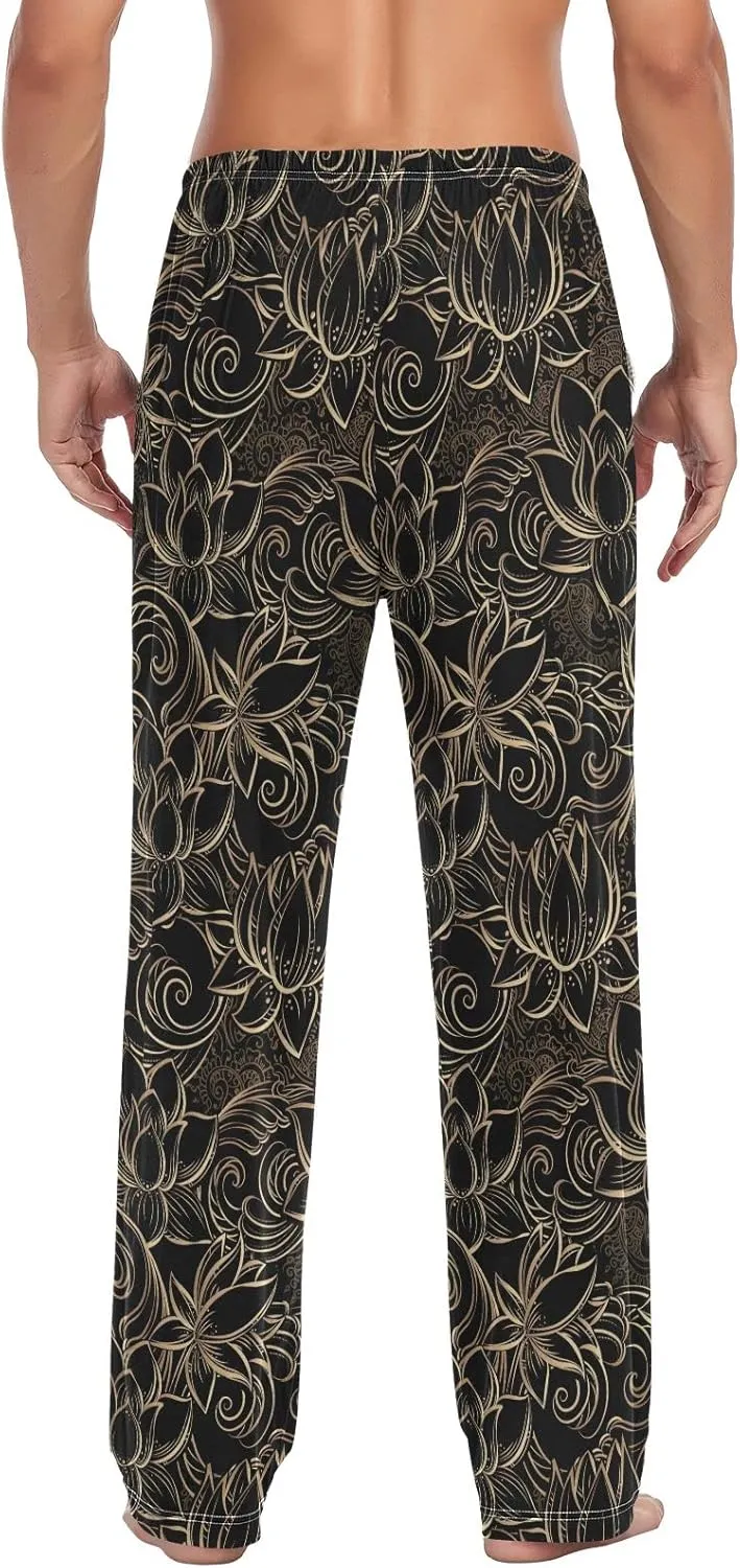 JUNZAN Luxurious Gold Pattern Lotus Flowers Mens Pajama Pants Black and Gold Goth Funny Pajama Bottoms for Men Lounge Pants S