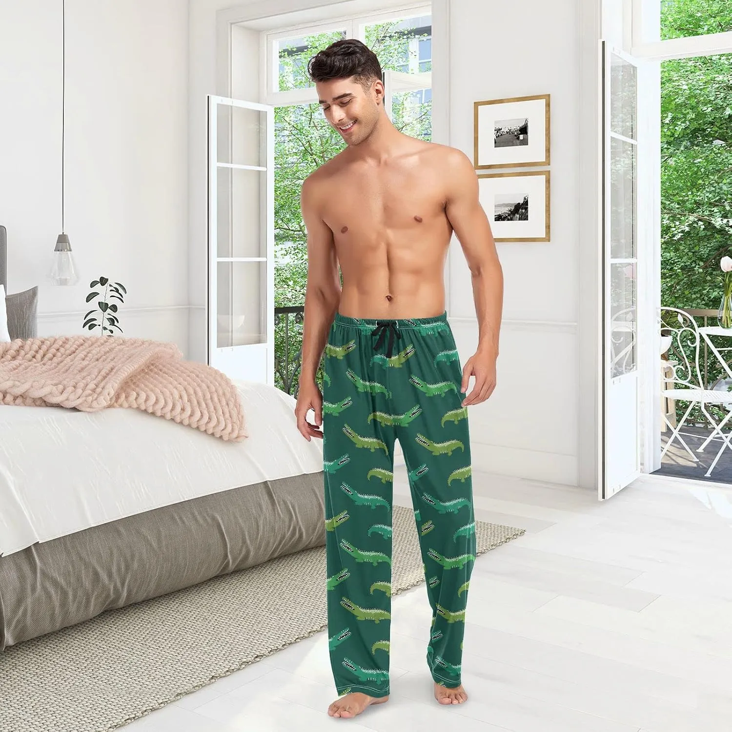 JUNZAN Mens Pajama Pants Funny Alligator Crocodile Pajama Bottoms for Men Lounge Pants S Green