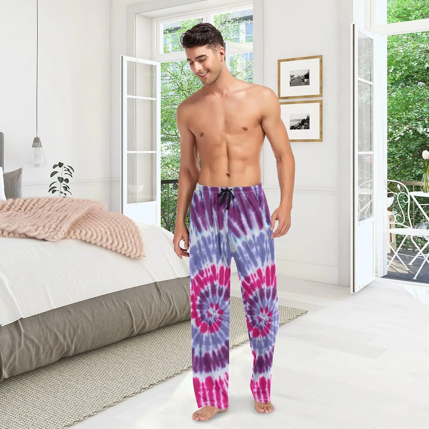 JUNZAN Tie Dyed Swirl Mens Pajama Pants Bright Purple Funny Pajama Bottoms for Men Lounge Pants S