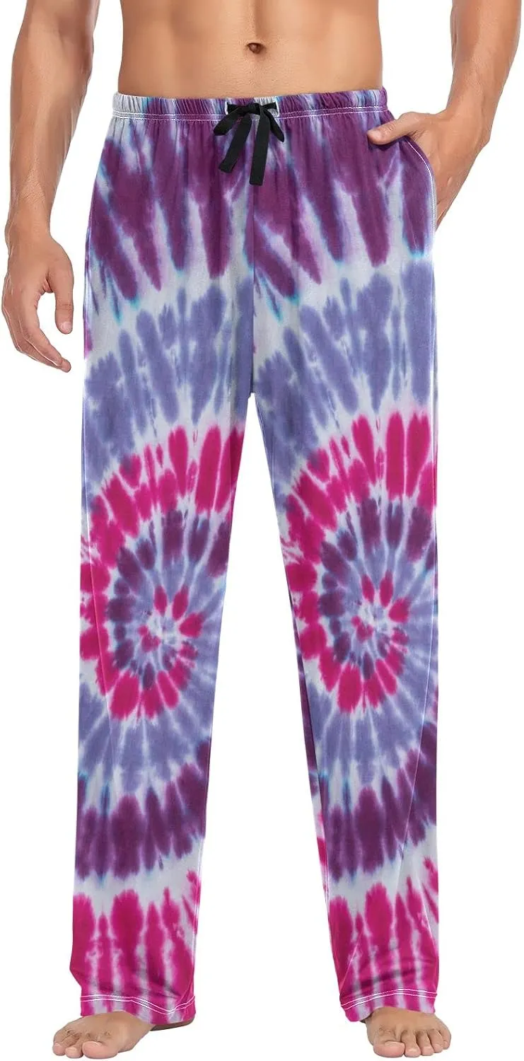 JUNZAN Tie Dyed Swirl Mens Pajama Pants Bright Purple Funny Pajama Bottoms for Men Lounge Pants S