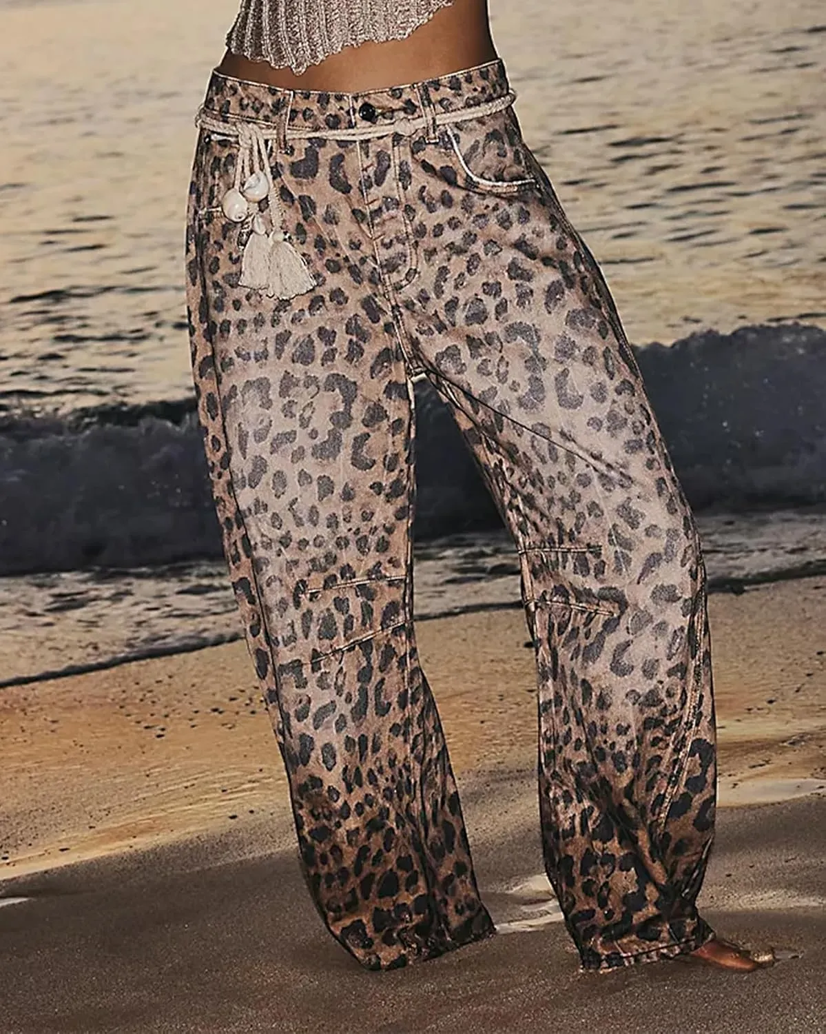 Kedera Women's Baggy Barrel Jeans Casual Boyfriend Mid Rise Leopard Printed Wide Leg Denim Ankle Pants
