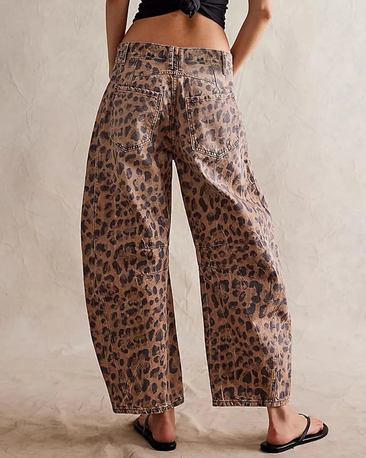 Kedera Women's Baggy Barrel Jeans Casual Boyfriend Mid Rise Leopard Printed Wide Leg Denim Ankle Pants