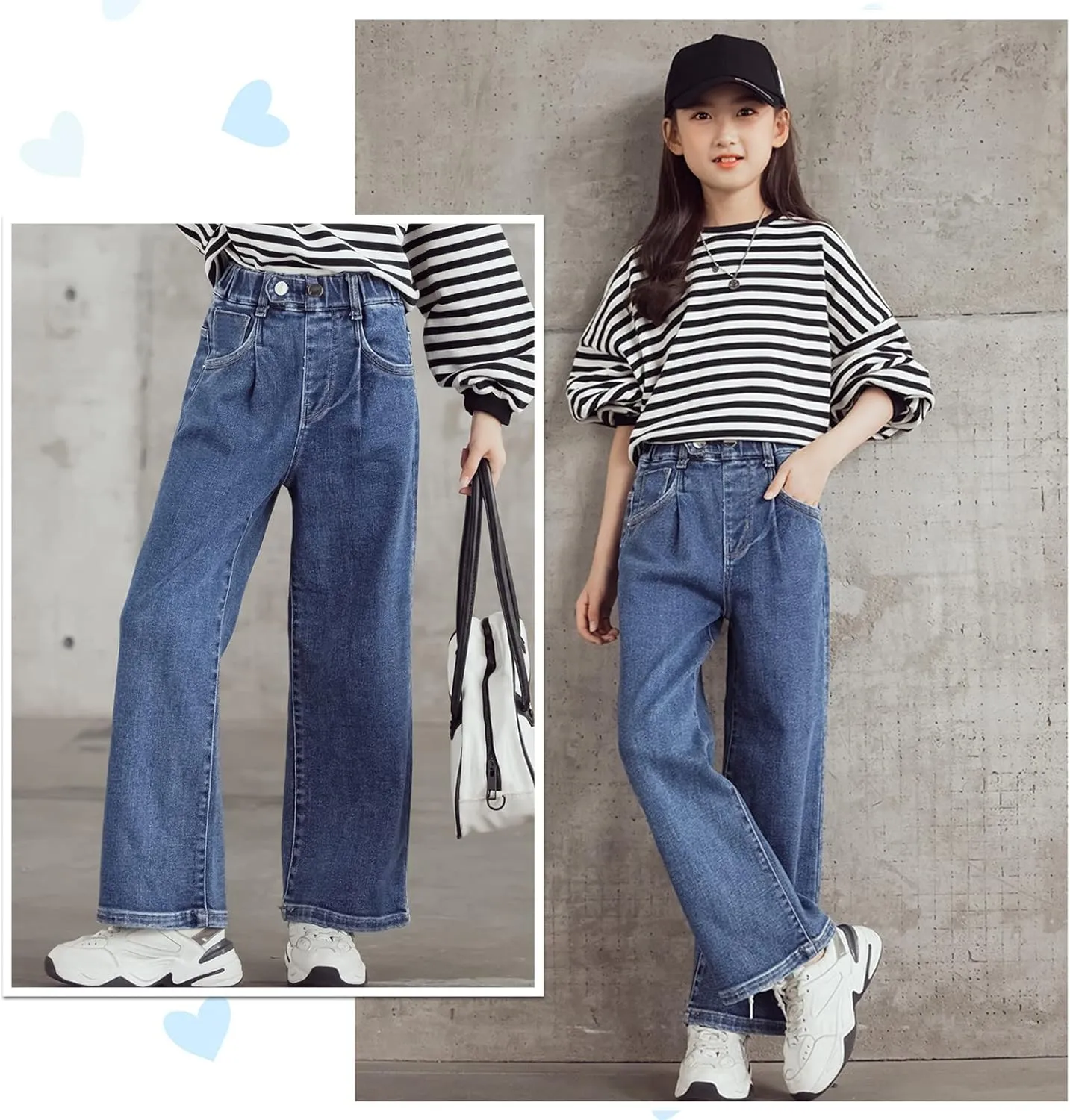Kid Bootcut Jeans Girl Wide Straight Leg Pants Cute Loose Fit Causal Stylish Trousers Stretch Fashion Elastic Waist Jeans