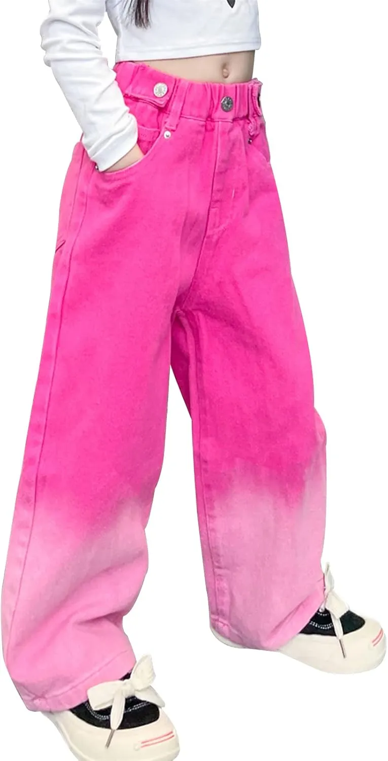 Kid Bootcut Jeans Girl Wide Straight Leg Pants Cute Loose Fit Causal Stylish Trousers Stretch Fashion Elastic Waist Jeans