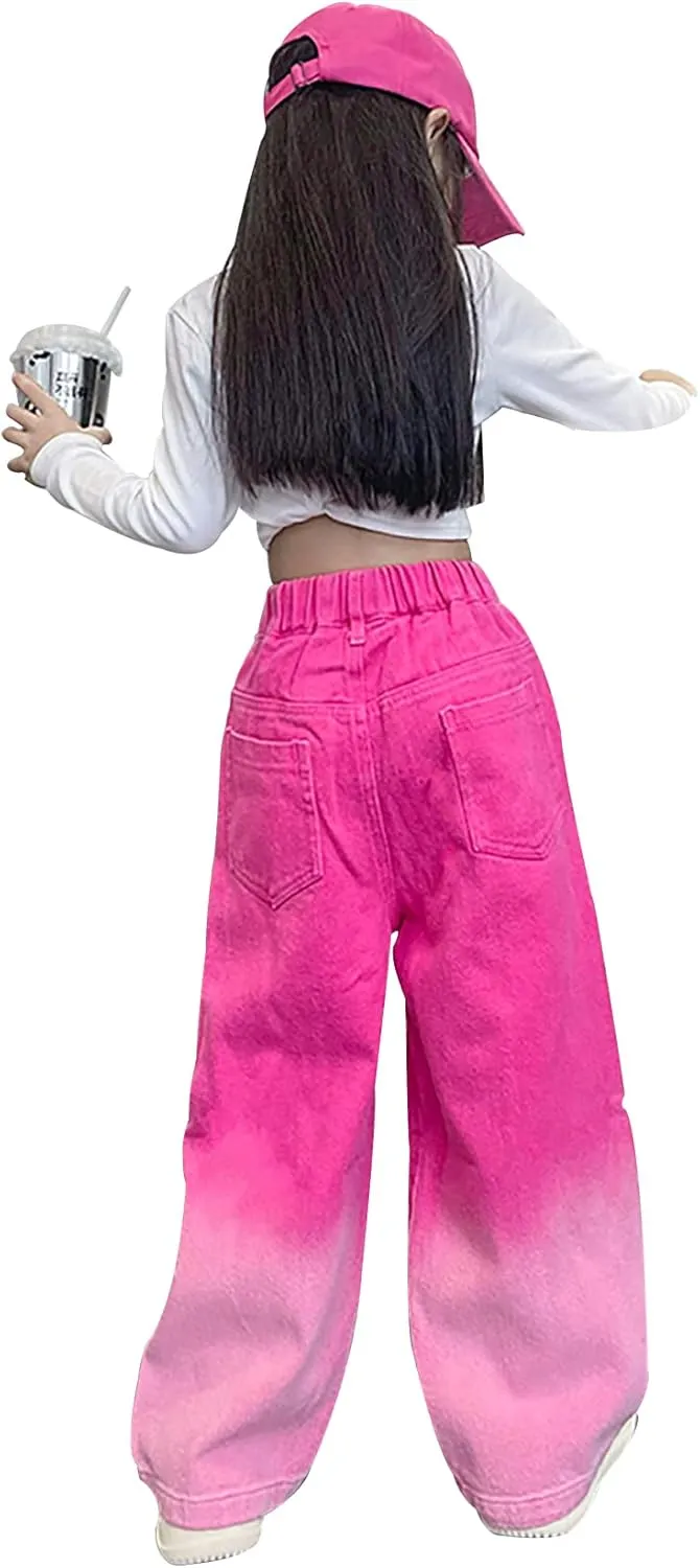 Kid Bootcut Jeans Girl Wide Straight Leg Pants Cute Loose Fit Causal Stylish Trousers Stretch Fashion Elastic Waist Jeans