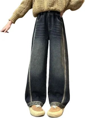 Kids Girls Denim Baggy Jeans Wide Leg High Waist Pants with Pockets Children Girls Straight Loose Fit Casual Jeans