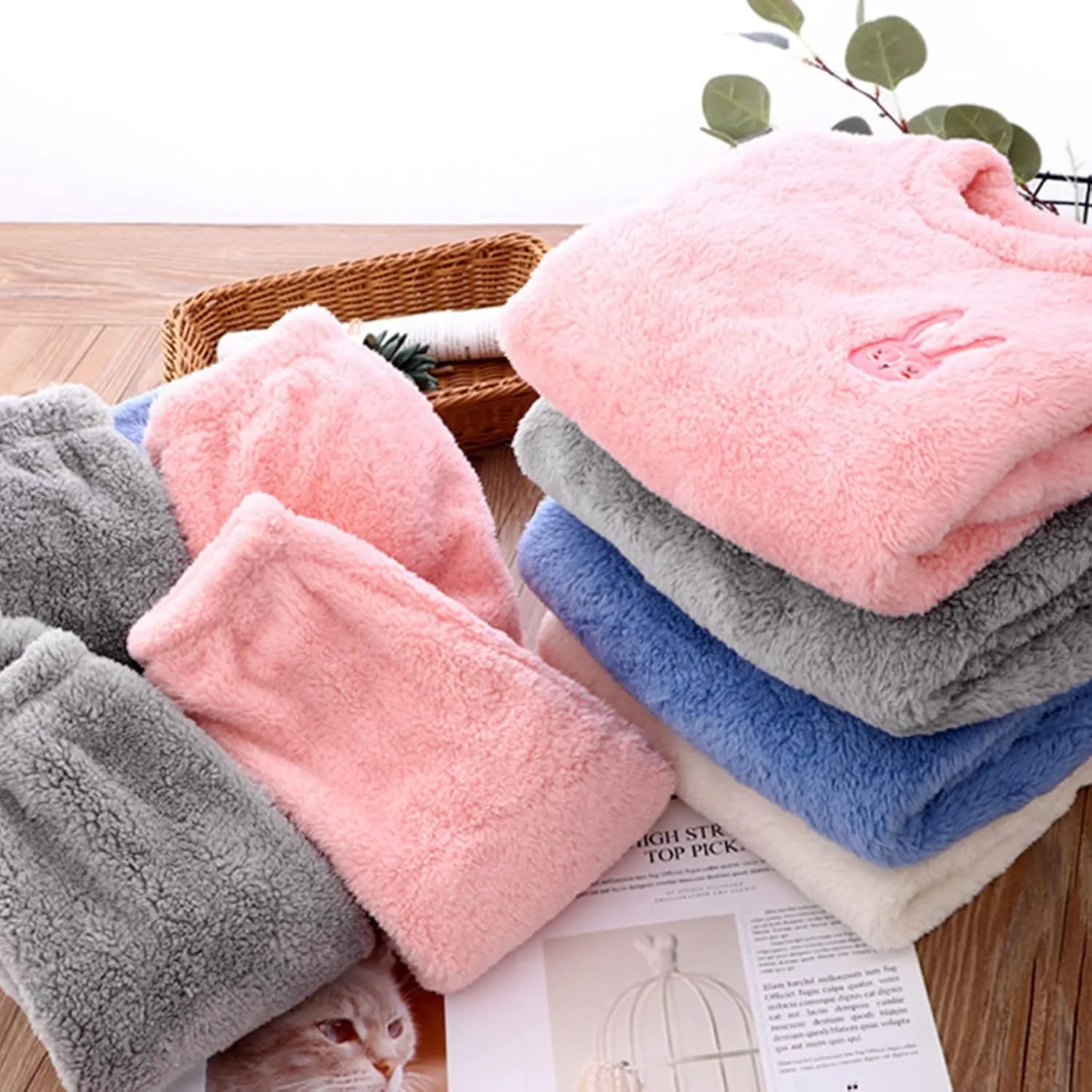 Kids Toddler Pajamas Boys Girls Fleece Pajama Set Winter Warm Sleepwear Pjs Set Plush Tops Pants Outfits Loungewear