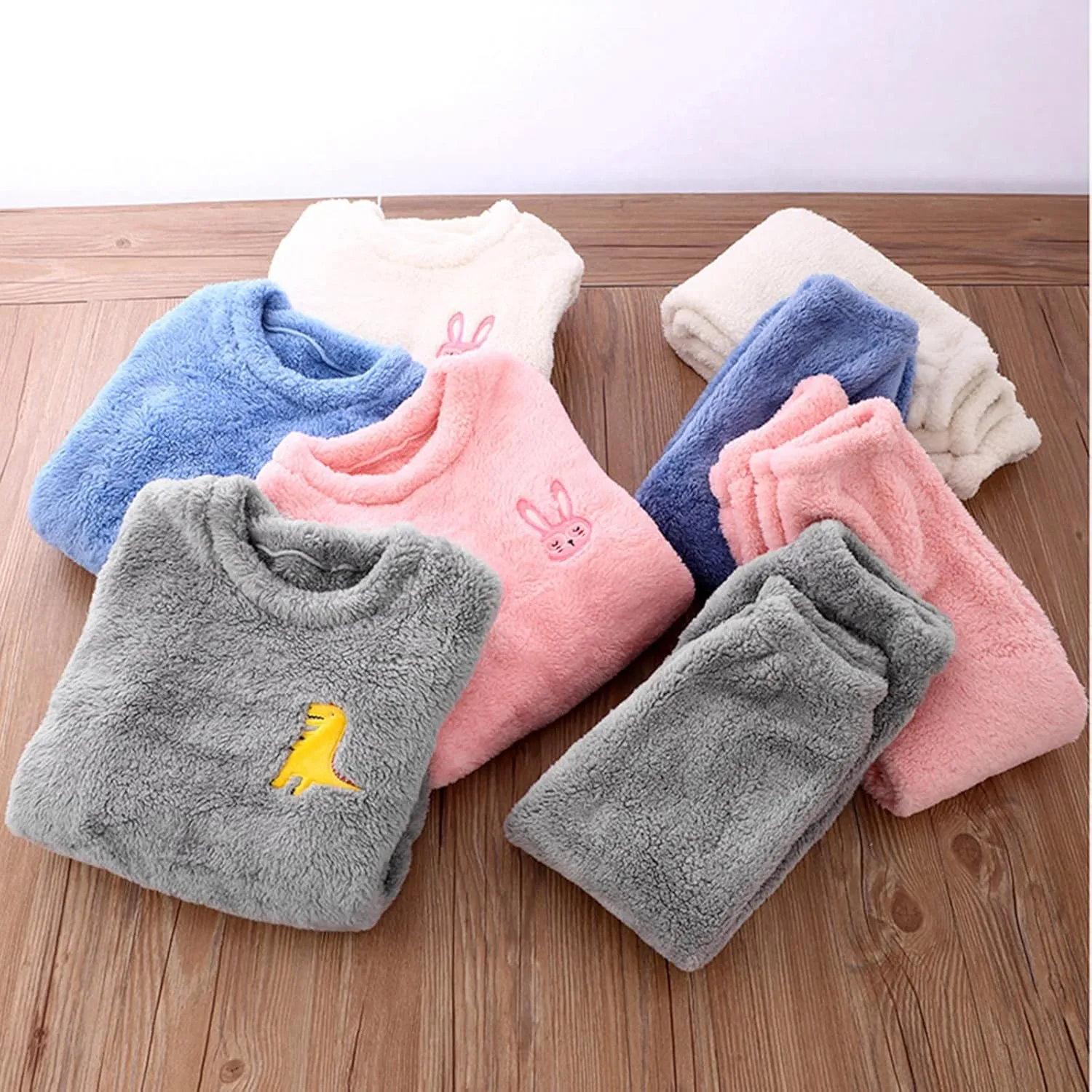 Kids Toddler Pajamas Boys Girls Fleece Pajama Set Winter Warm Sleepwear Pjs Set Plush Tops Pants Outfits Loungewear