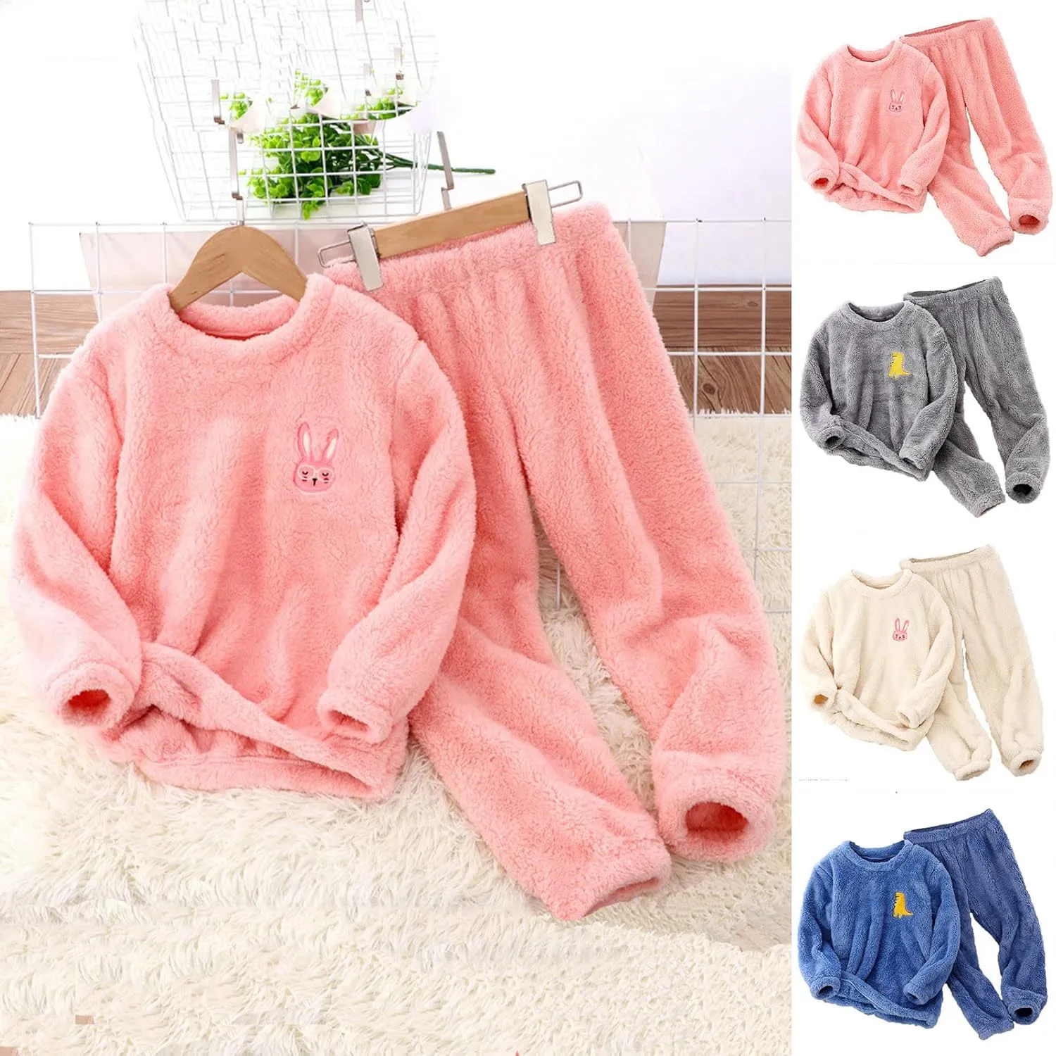 Kids Toddler Pajamas Boys Girls Fleece Pajama Set Winter Warm Sleepwear Pjs Set Plush Tops Pants Outfits Loungewear