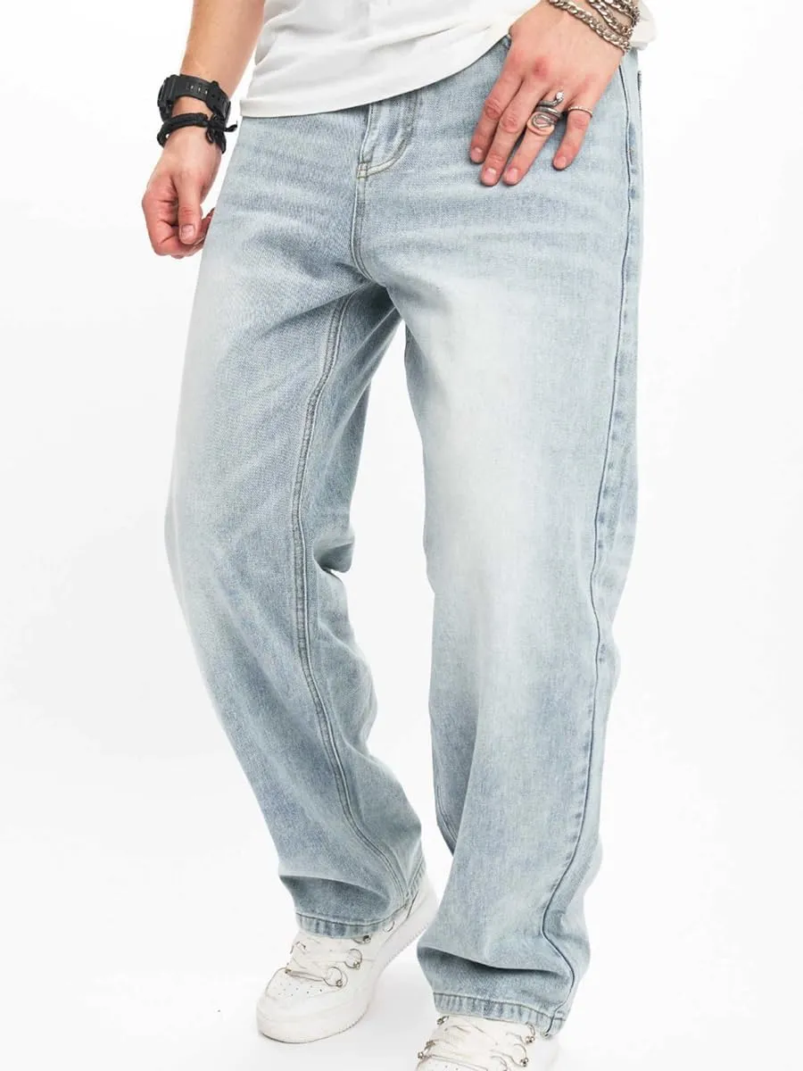 Kinghua Mens Baggy Jeans Straight Leg Loose Fit Denim Pants Casual Skater Streetwear Trousers