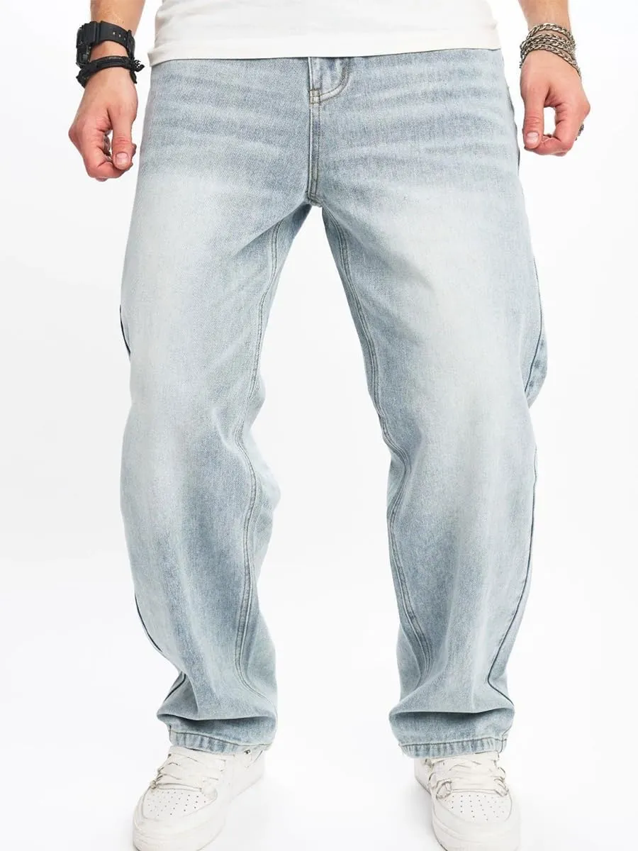 Kinghua Mens Baggy Jeans Straight Leg Loose Fit Denim Pants Casual Skater Streetwear Trousers