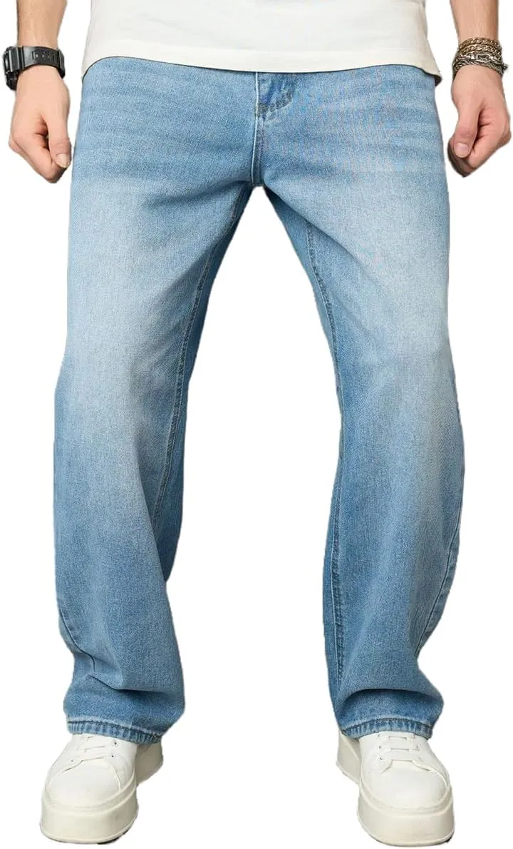 Kinghua Mens Baggy Jeans Straight Leg Loose Fit Denim Pants Casual Skater Streetwear Trousers