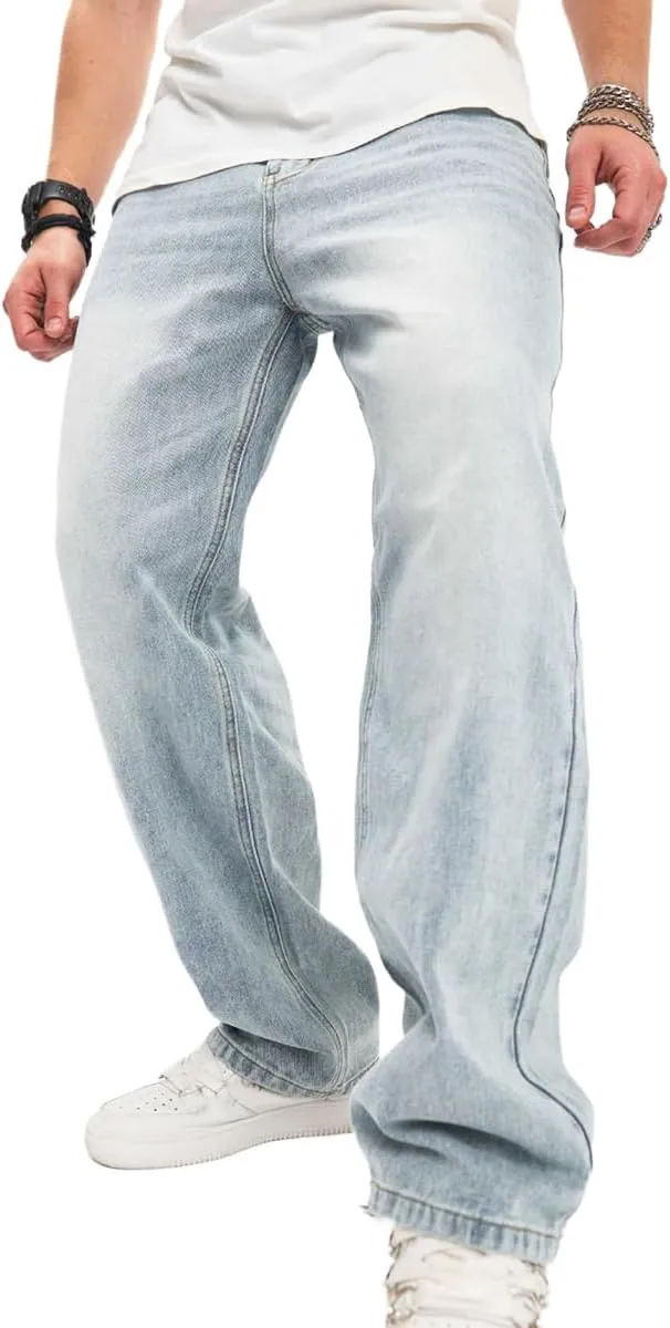 Kinghua Mens Baggy Jeans Straight Leg Loose Fit Denim Pants Casual Skater Streetwear Trousers