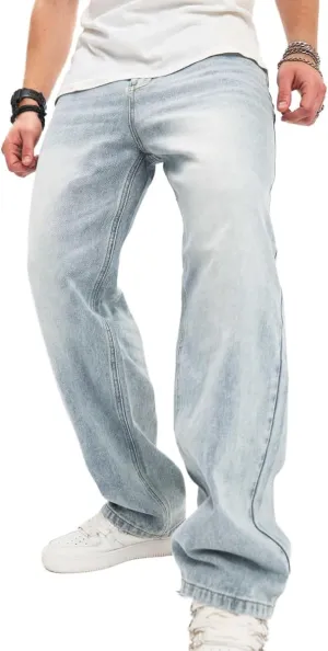Kinghua Mens Baggy Jeans Straight Leg Loose Fit Denim Pants Casual Skater Streetwear Trousers