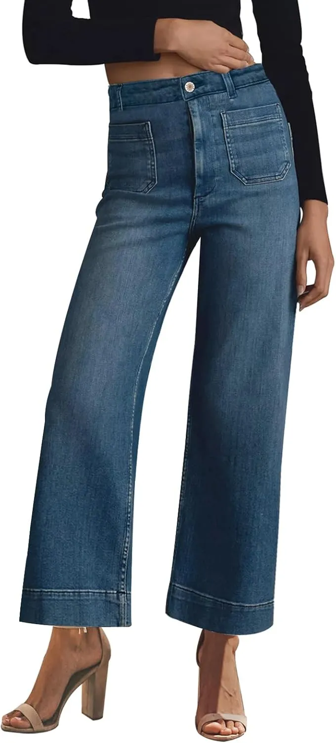 KUNMI Women's Wide Leg High Waisted Stretchy Straight Leg Jeans Baggy Loose Trendy Denim Pants