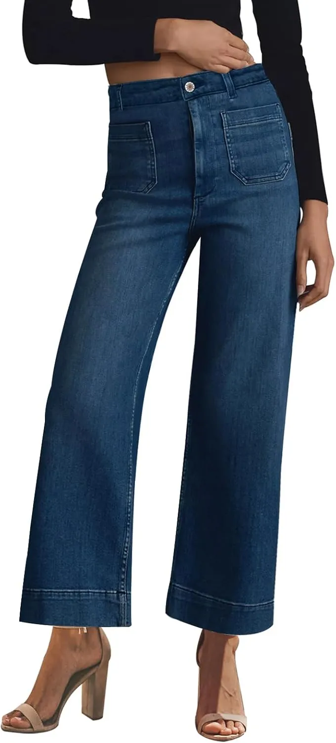 KUNMI Women's Wide Leg High Waisted Stretchy Straight Leg Jeans Baggy Loose Trendy Denim Pants