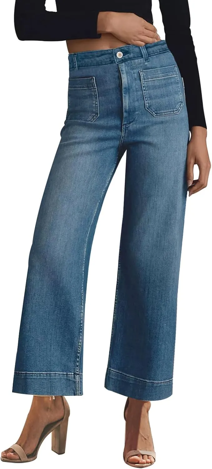 KUNMI Women's Wide Leg High Waisted Stretchy Straight Leg Jeans Baggy Loose Trendy Denim Pants