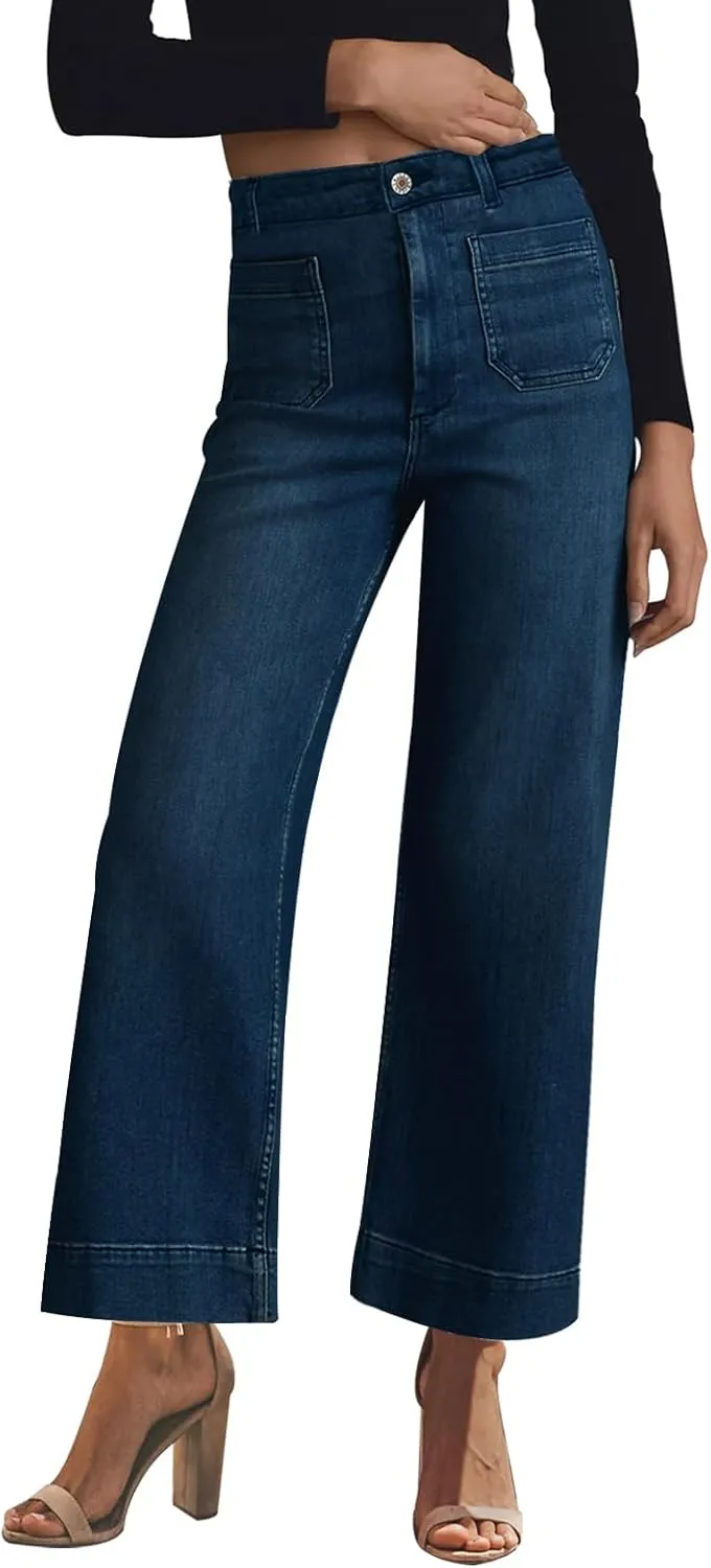 KUNMI Women's Wide Leg High Waisted Stretchy Straight Leg Jeans Baggy Loose Trendy Denim Pants