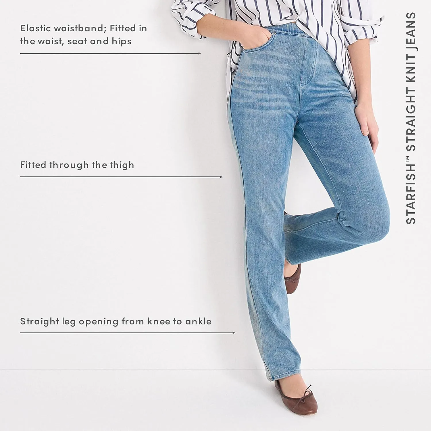Lands' End Women's Starfish Mid Rise Knit Denim Straight Jeans