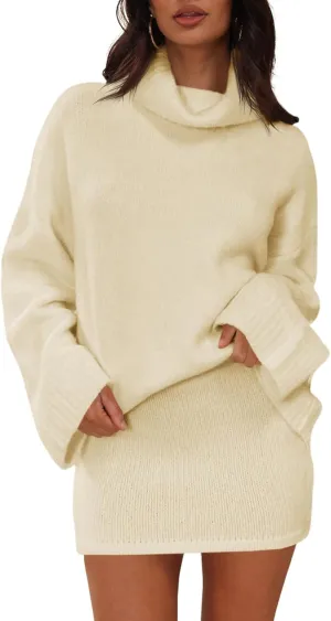 Langwyqu Womens 2 Piece Outfits Sweater Sets Turtleneck Oversized Sweaters and Mini Skirts Fall Trendy Loungewear