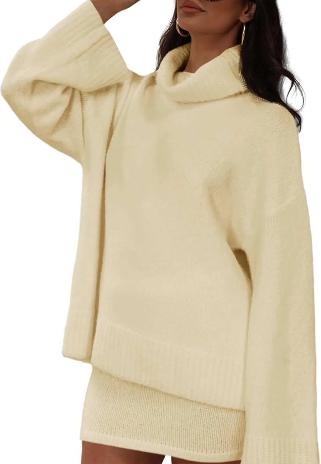 Langwyqu Womens 2 Piece Outfits Sweater Sets Turtleneck Oversized Sweaters and Mini Skirts Fall Trendy Loungewear