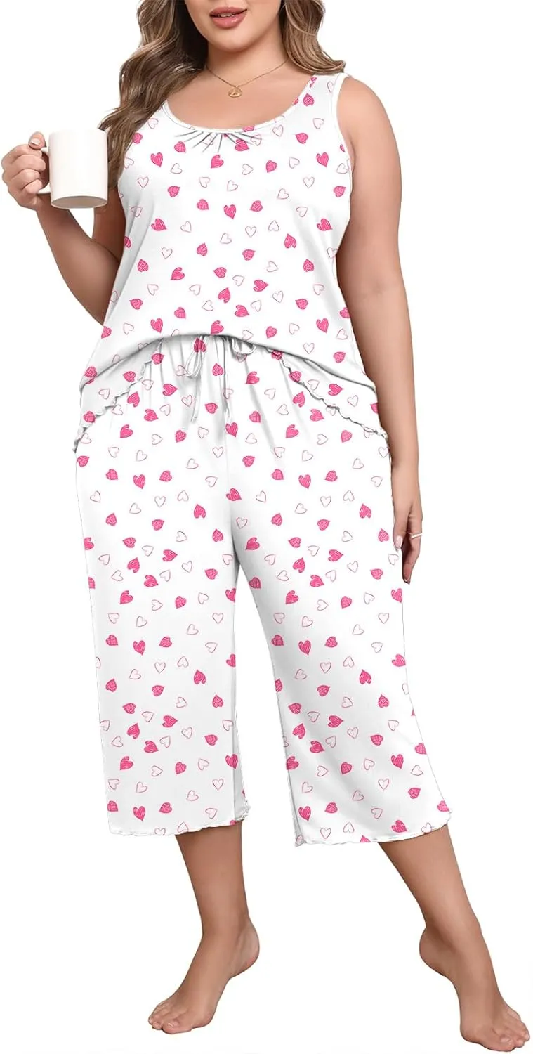 Lastshe Women's Plus Size Pajama Set 2 Piece Sleepwear Soft Cozy Sleeveless Knit Tank Top Capri Pants Lounge PJs with Pockets