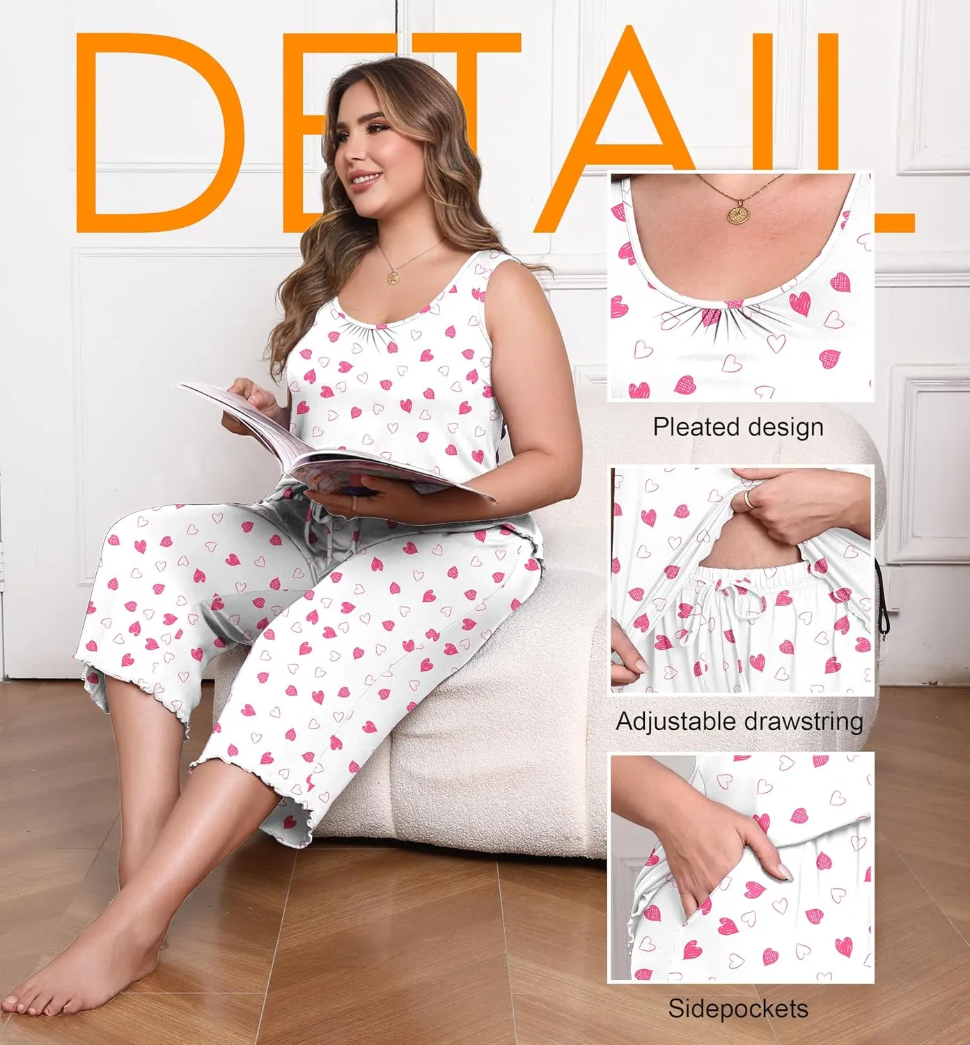 Lastshe Women's Plus Size Pajama Set 2 Piece Sleepwear Soft Cozy Sleeveless Knit Tank Top Capri Pants Lounge PJs with Pockets