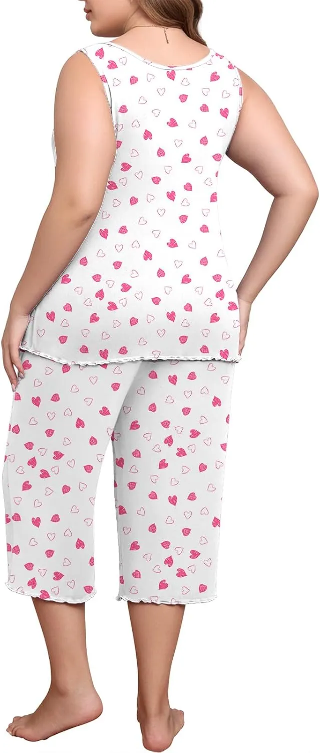 Lastshe Women's Plus Size Pajama Set 2 Piece Sleepwear Soft Cozy Sleeveless Knit Tank Top Capri Pants Lounge PJs with Pockets