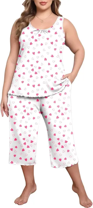 Lastshe Women's Plus Size Pajama Set 2 Piece Sleepwear Soft Cozy Sleeveless Knit Tank Top Capri Pants Lounge PJs with Pockets